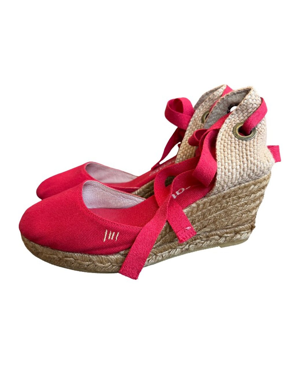 Viscata Barcelona Espadrille Wedge Ankle Shoes Bright Red Canvas Tie Up Size 37